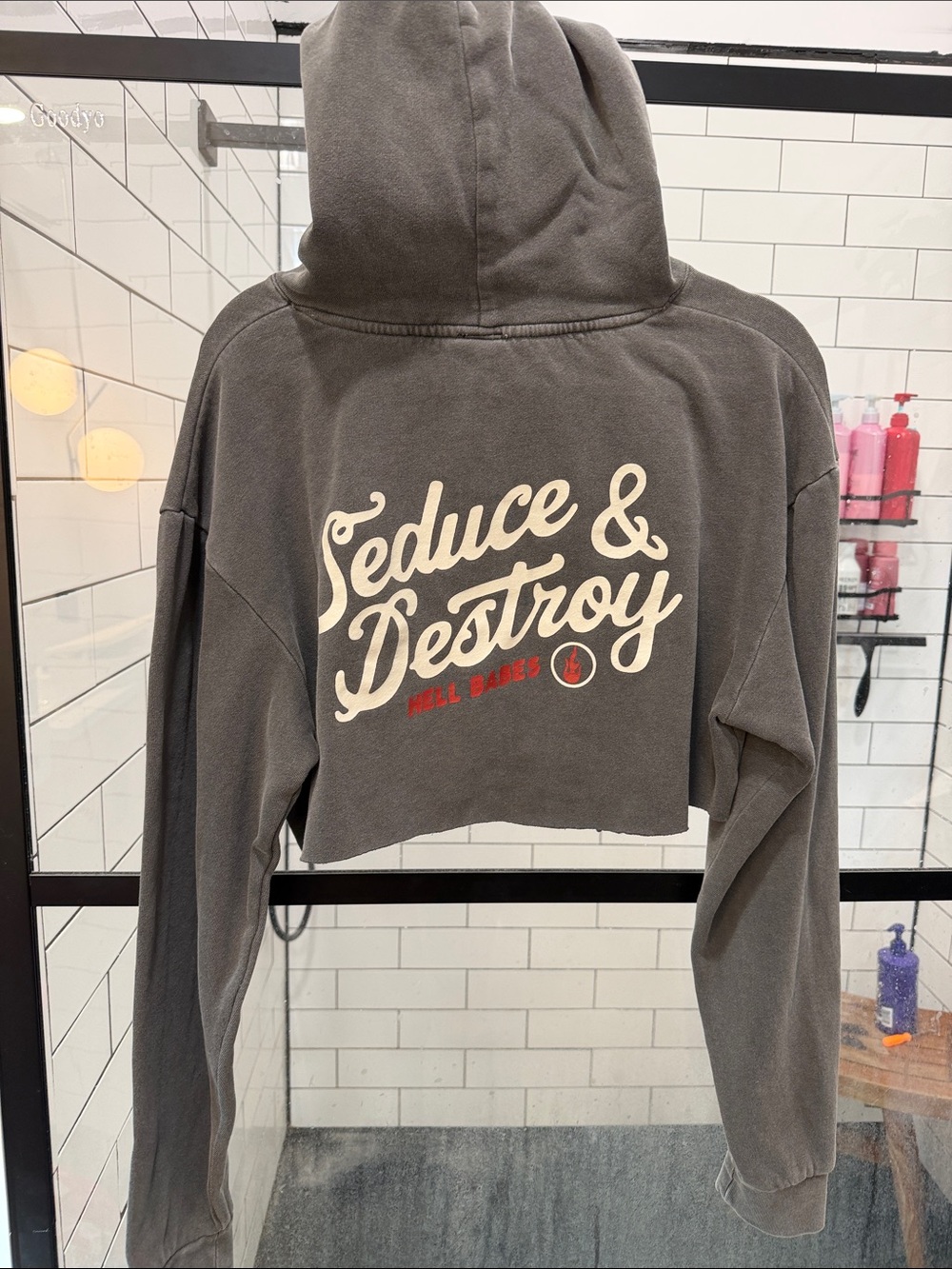 Cropped Charcoal Gray Hoodie HELLBABES with Cherry Embroidery